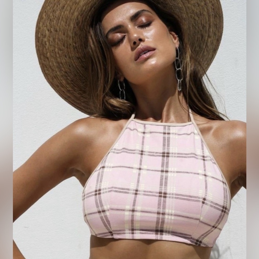 I.AM.GIA Pink Plaid Cropped Halter Top